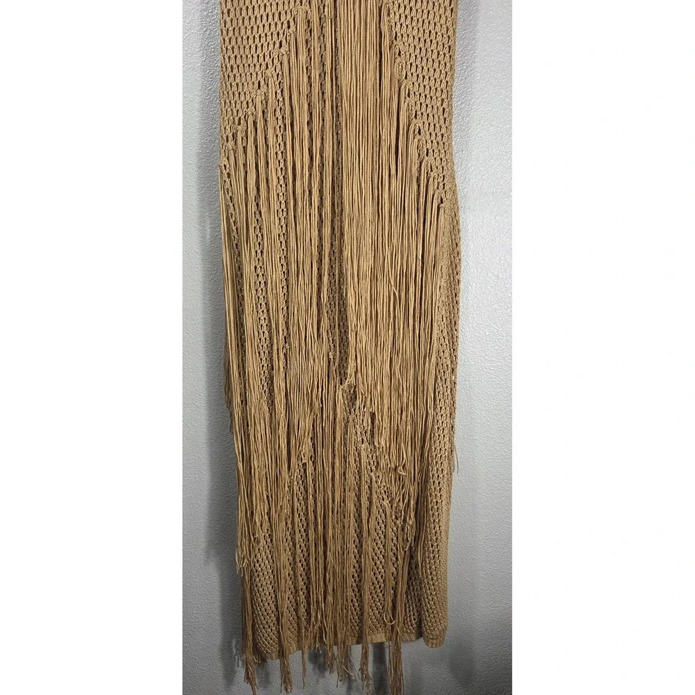 boho crochet fringe maxi dress M tan cutout lace up back resort